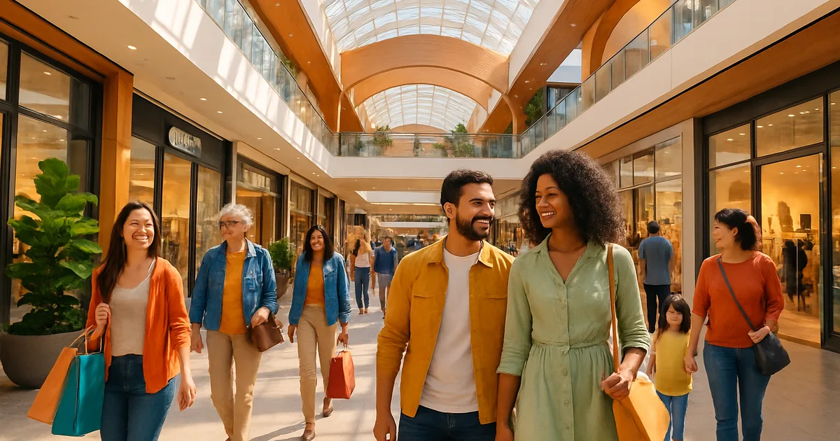 Busy shopping mall interior during Black Friday with shoppers carrying bags and holiday decorations