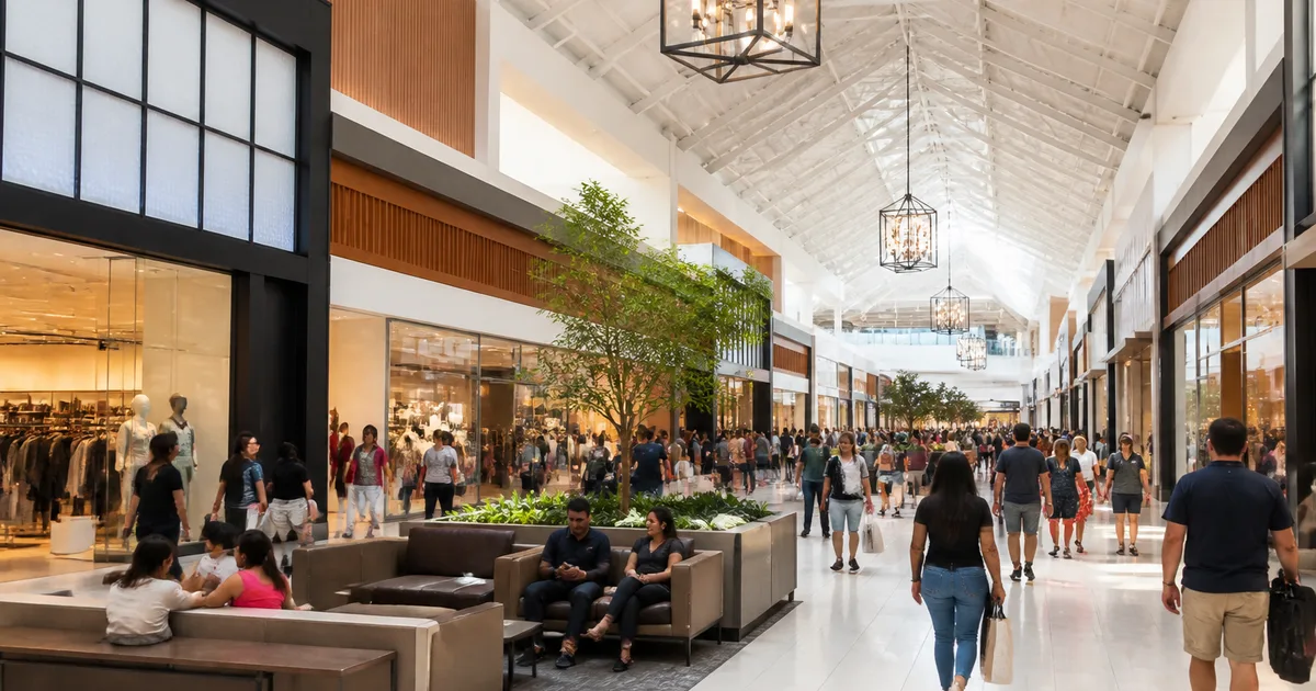 Busy shopping mall interior during Black Friday with shoppers carrying bags and holiday decorations
