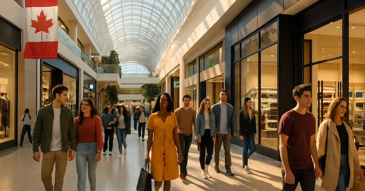 Busy shopping mall interior during Black Friday with shoppers carrying bags and holiday decorations